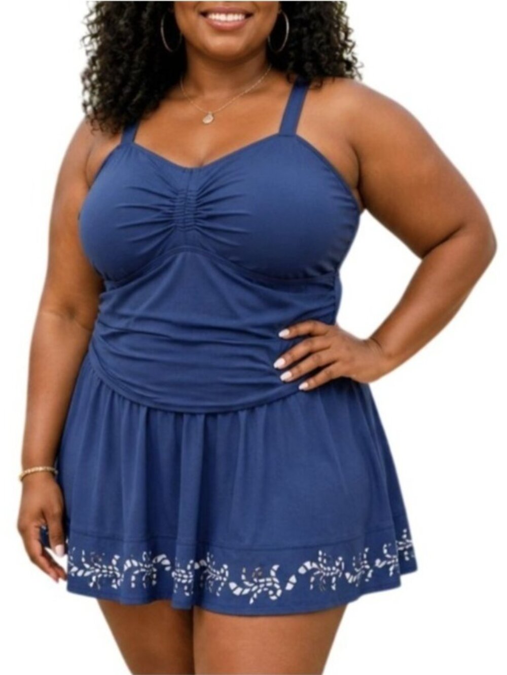 D & Co Plus Size 18W Swim Dress Adjustable Straps Laser‑Cut Hem Ruched Detail